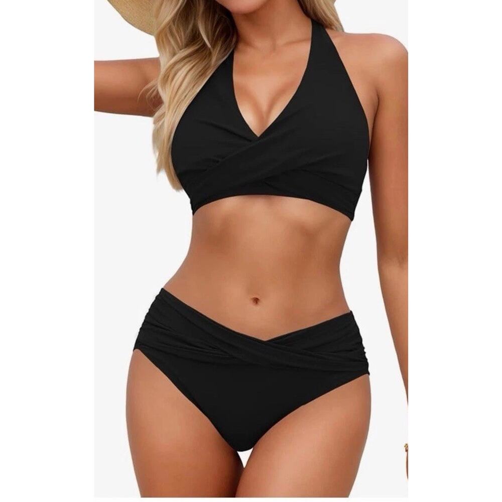 Sopliagon Women's Bikini Sets Twist Front Black Swimsuit Halter Black Medium